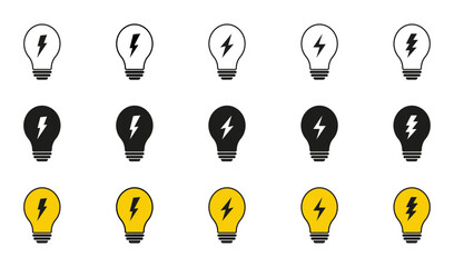 Light bulb and lightning icon vector. Power idea, lighting bolt bulb. Fast or quick idea lamp icon flat. EPS 10