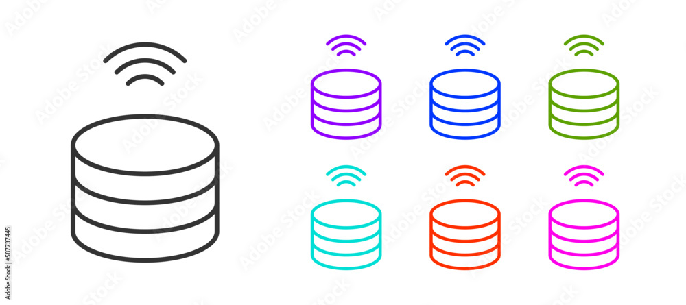Poster black line smart server, data, web hosting icon isolated on white background. internet of things con