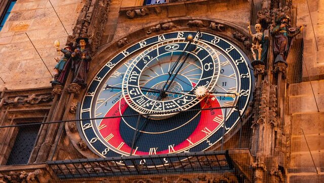 Prague Astronomical Clock in the Old Town of Prague. Timelapse scene of the clock moving through time. 