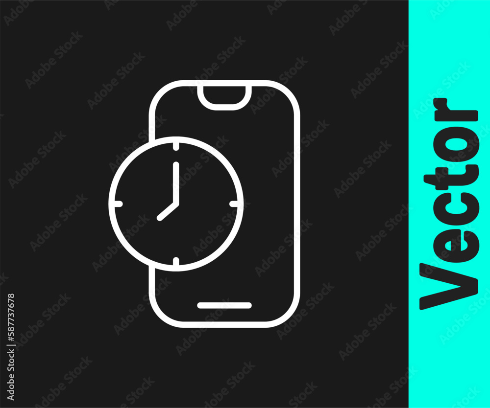 Poster white line alarm clock app smartphone interface icon isolated on black background. vector