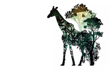 Giraffe in the leaves of plants on a white background. Banner. Generative AI