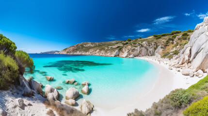 Fototapeta na wymiar The ethereal beauty of the white cliffs and turquoise waters of Cala Luna Beach in Sardinia, Italy, with its pristine beaches and clear waters 