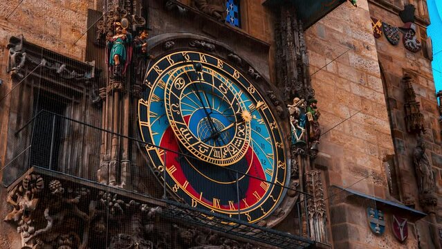Prague Astronomical Clock in the Old Town of Prague. Timelapse scene of the clock moving through time. 