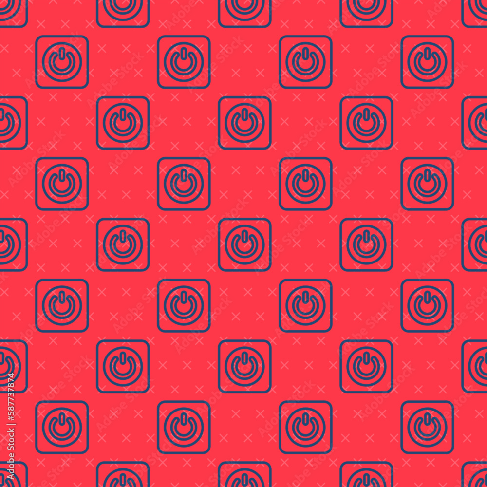 Poster blue line power button icon isolated seamless pattern on red background. start sign. vector