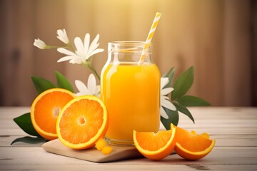 Naklejka na ściany i meble a glass of orange juice next to a bowl of oranges on a table