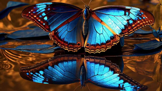 The reflection of the blue butterfly on the water as seen on an video animation AI generated