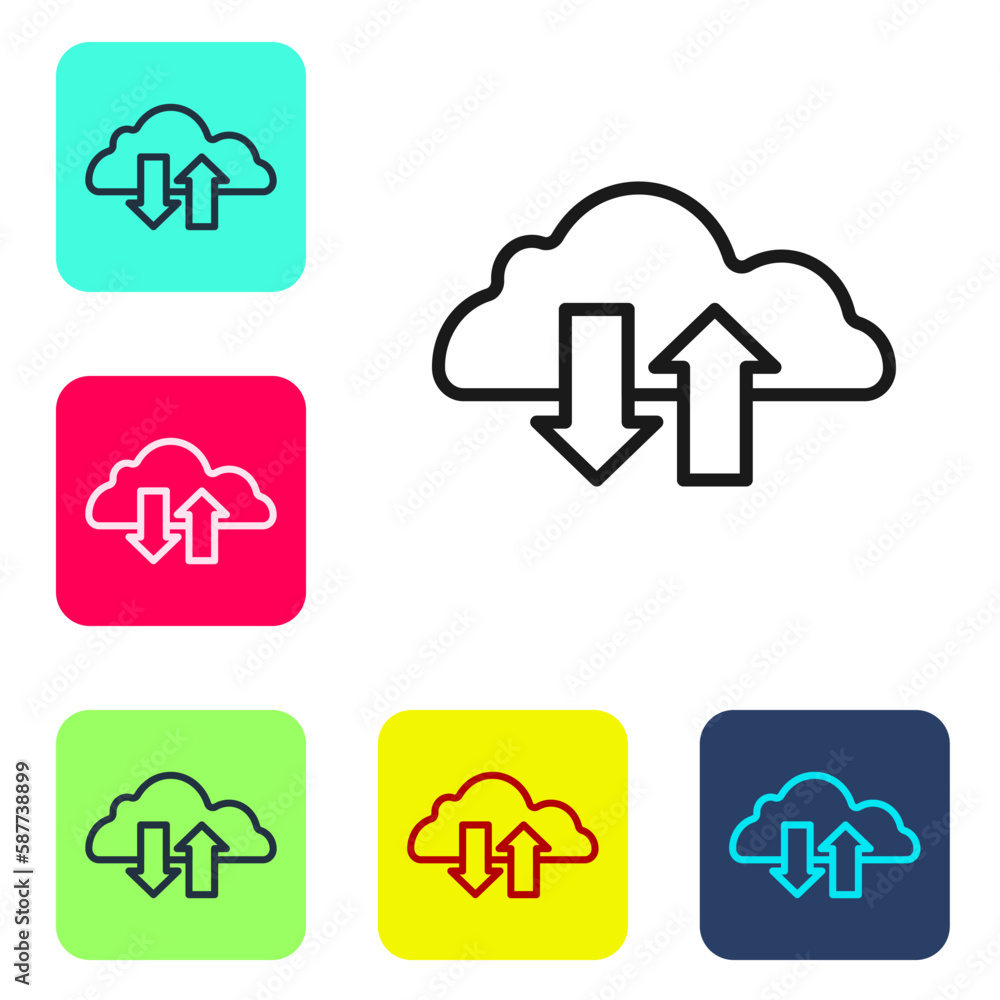 Poster black line cloud download and upload icon isolated on white background. set icons in color square bu