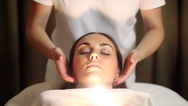 Young woman receiving reiki session in healing center. Close sup head shot. Generative AI
