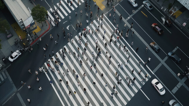 スクランブル交差点の歩道を横断する人々の俯瞰写真,generated AI