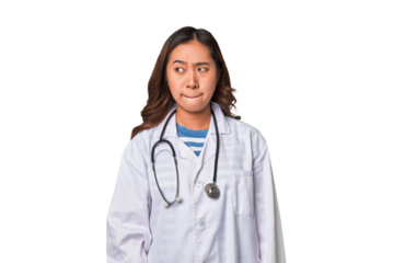 A young asian doctor woman confused, feels doubtful and unsure.