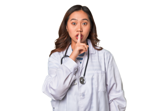A young asian doctor woman keeping a secret or asking for silence.