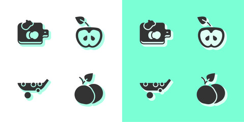 Set Mango fruit, Cutting board with vegetables, Peas and Apple icon. Vector