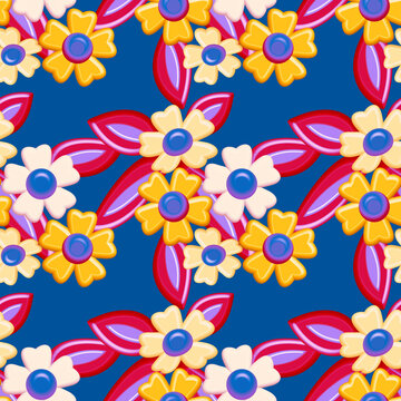 Seamless pattern of 3-d flowers, illustration with leaves. © Stefan Grau