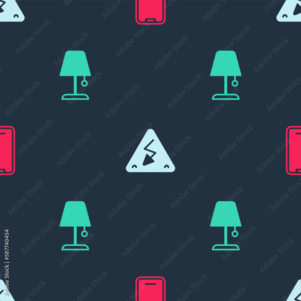Poster set mobile phone, high voltage and table lamp on seamless pattern. vector