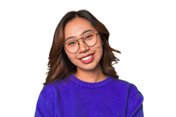 Beautiful Asian woman smiling with glasses in close-up.