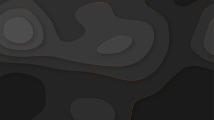 Luxurious Black papercut background. Abstract realistic paper cut decoration textured with wavy layers. Geometric cut paper black luxury background with gold elements, topography map concept.