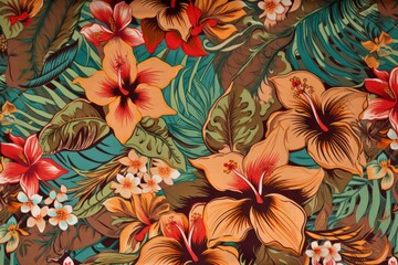 Exotic Colorful Tropical Hibiscus Flowers Hawaiian Pastel Mosaic Abstract Floral Seamless Pattern, Desktop Background, Screensaver with Soft Oranges, Yellows, Greens, Pinks, Purples, and Blues