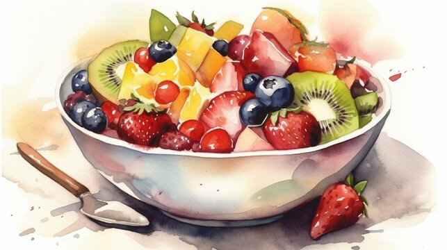Paint a colorful and flavorful watercolor painting of a bowl of mixed fruit salad on a white background, using a variety of hues and playful brushstrokes to convey its freshness an Generative AI