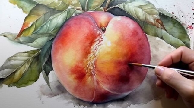 Paint a delicious and juicy watercolor portrait of a ripe peach on a white background, using soft colors and delicate brushstrokes to convey its sweetness and freshness Generative AI