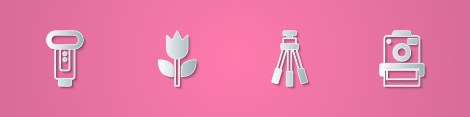 Set paper cut Photo camera flash, mode macro, Tripod and icon. Paper art style. Vector