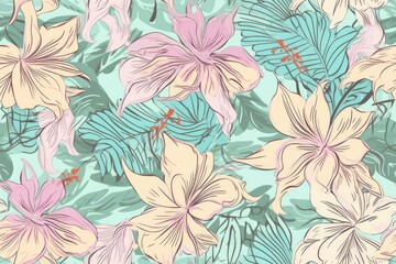 Exotic Colorful Tropical Hibiscus Flowers Hawaiian Pastel Mosaic Abstract Floral Seamless Pattern, Desktop Background, Screensaver with Soft Oranges, Yellows, Greens, Pinks, Purples, and Blues