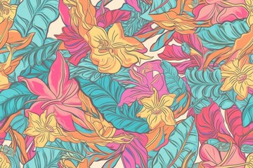 Fototapeta na wymiar Exotic Colorful Tropical Hibiscus Flowers Hawaiian Pastel Mosaic Abstract Floral Seamless Pattern, Desktop Background, Screensaver with Soft Oranges, Yellows, Greens, Pinks, Purples, and Blues