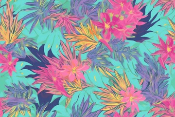 Fototapeta na wymiar Exotic Colorful Tropical Hibiscus Flowers Hawaiian Pastel Mosaic Abstract Floral Seamless Pattern, Desktop Background, Screensaver with Soft Oranges, Yellows, Greens, Pinks, Purples, and Blues 