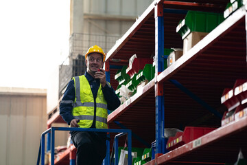 Warehouse workers checking the inventory. Products on inventory shelves storage. .Worker Doing Inventory in Warehouse. Dispatcher in uniform making inventory in storehouse. supply chain concept