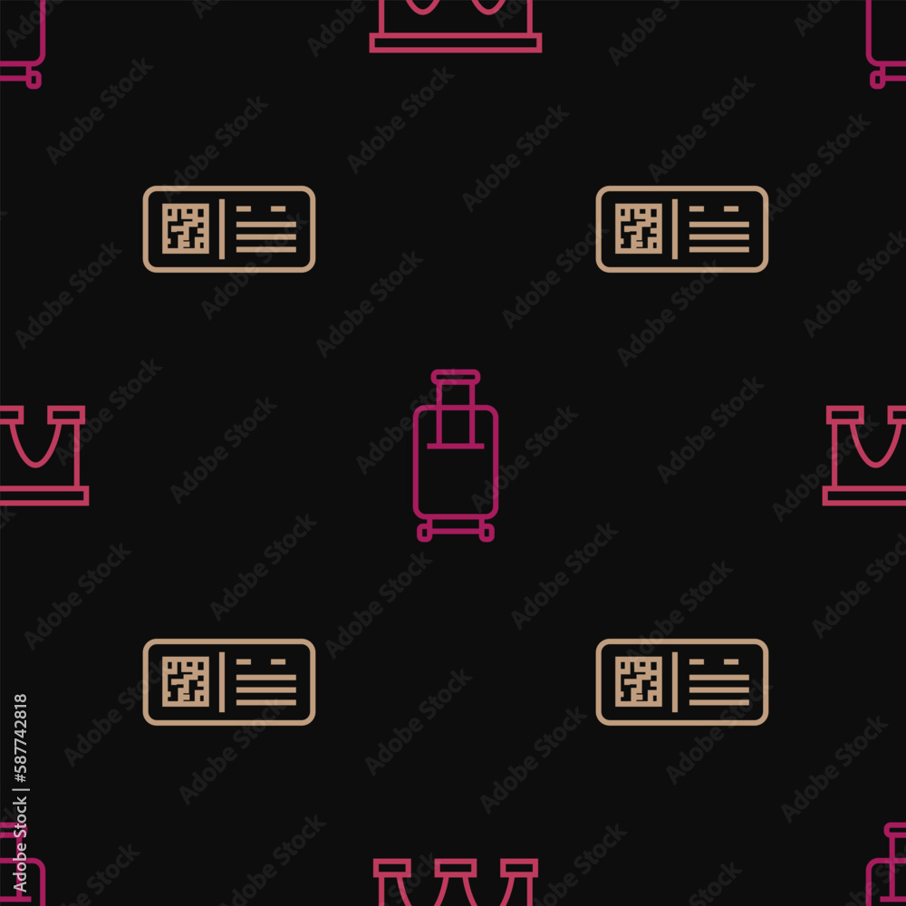 Poster set line bridge for train, qr code ticket and suitcase on seamless pattern. vector