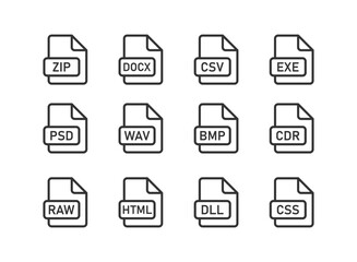 File type icon set on light background. Sheet document symbol. File for dowload, app, doc, exe, zip raw formats. Outline style. Flat design. Vector illustration.