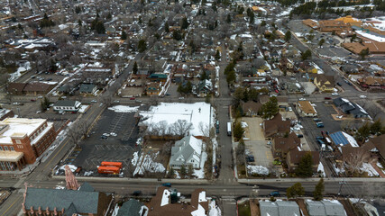 Aerial view of downtown Flagstaff after a snow storm.