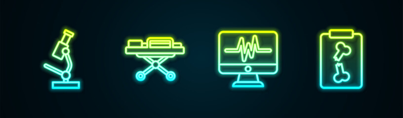 Set line Microscope, Stretcher, Monitor with cardiogram and X-ray shots. Glowing neon icon. Vector