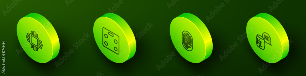 Poster set isometric line processor with cpu, smart bathroom scales, fingerprint and voice assistant icon. 