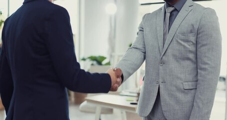 Handshake, payment and crime with business people in an office exchanging cash for laundering, bribery or extortion. Money, criminal and blackmail with employees shaking hands in a deal of corruption