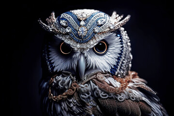  Majestic White Owl Adorned with Silver-Embedded Costume on black background.