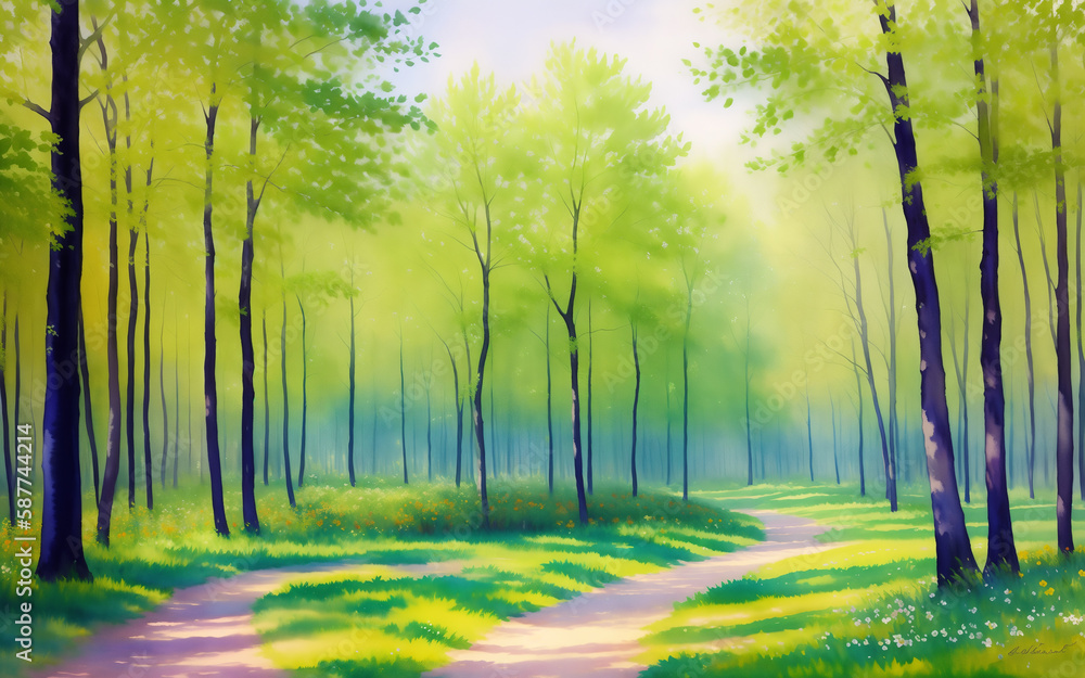 Wall mural an impressionistic watercolor painting depicting a spring forest landscape