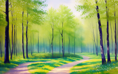 An impressionistic watercolor painting depicting a Spring forest landscape