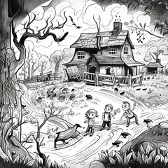 Cartoon drawing of a house in the woods with three children playing. Black and white illustration. AI generated.