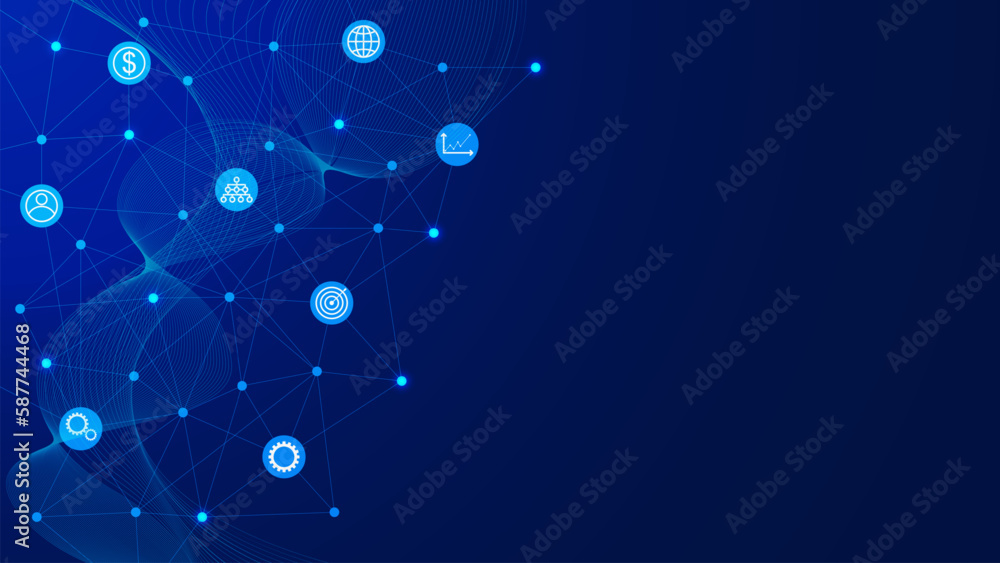 Poster dots and lines global social network connection background with business icons. communication techno