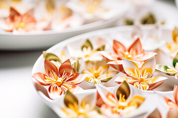 Origami Paper Flowers on a White Plate in High Key. Generative AI.