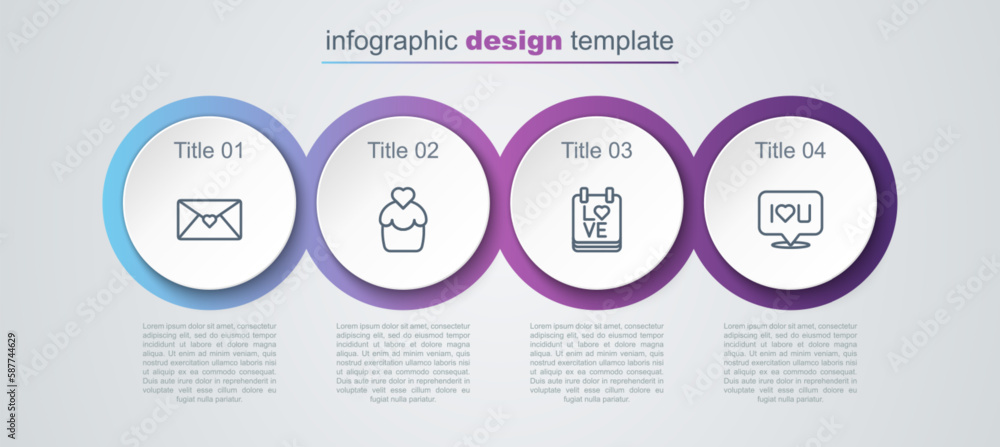 Sticker Set line Envelope with Valentine heart, Wedding cake, Calendar February 14 and Speech bubble text I love you. Business infographic template. Vector