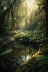 Obraz premium the little lake in an enchanted magical forest in the morning in a fog in the sun, trees in a haze of light, glowing fog among the trees. Generative Ai.