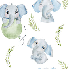 Seamless pattern with cute watercolor elephants for boys.