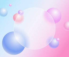 Creative glassmorphism illustration design with round transparent frame and floating spheres template