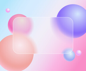 Creative glassmorphism illustration design with transparent frame and floating spheres template