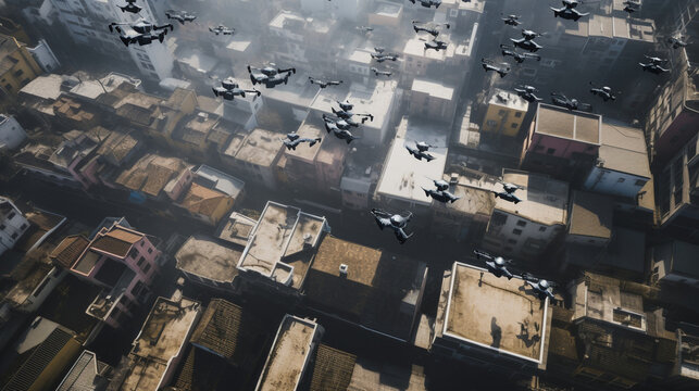 A swarm of technologically advanced drones flying above modern city blocks in a menacing way at mid day -Generative AI