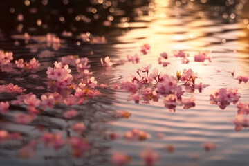 Cherry blossom petals floating on calm water, Generative AI