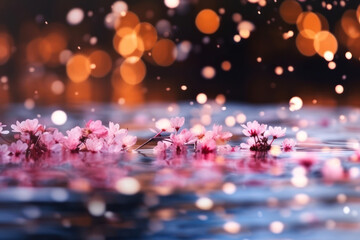 Obraz na płótnie Canvas Cherry blossom petals floating on calm water, Generative AI