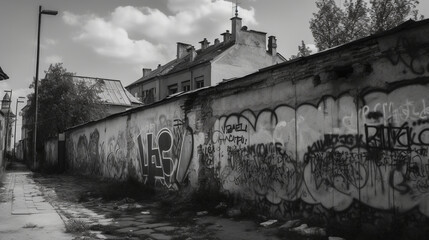 A black and white scenery of a war zone showing destroyed buildings and broken streets in a sad mood - Generative AI