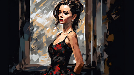 Obraz na płótnie Canvas Digital painting beutiful girl in black dress, hand drawn & artistic, Generative AI